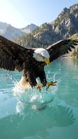 Bald eagle diving into turquoise alpine lake with mountains and evergreen forest in background, wings spread wide capturing prey from water surface.