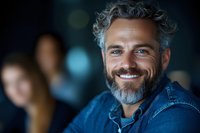Mature Caucasian man with gray hair and beard wearing denim shirt smiling confidently at camera. Natural lighting creates professional atmosphere for business or lifestyle content.