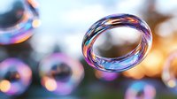 Iridescent soap bubble floating in air against blurred background with magical rainbow reflections and light bokeh effects, macro photography.