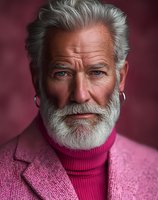 Senior man with gray hair and beard wearing pink turtleneck and blazer against magenta background. Mature male portrait for lifestyle, fashion, and advertising campaigns.