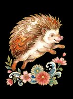 Cute leaping hedgehog with golden swirl details and colorful flowers, isolated on transparent background, ready for stickers, t-shirt design, and print on demand.