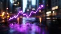 Glowing purple stock market chart line reflecting on wet city street surface with defocused urban lights and bokeh in background creating financial concept.