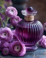 Elegant purple glass perfume bottle with golden cap surrounded by pink ranunculus flowers on dark surface for luxury beauty and fragrance concepts.