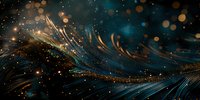 Magical swirls of golden light and turquoise sparkles dance against dark background creating ethereal cosmic pattern with glowing particles and flowing lines.