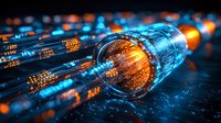 Glowing fiber optic cables transmitting digital data streams with orange and blue light effects, showing modern network technology and connectivity in dark setting.