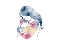 Watercolor mother tenderly holding newborn baby in loving embrace. Soft pastel colors create gentle maternal bond illustration for parenting content.