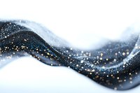 Abstract flowing waves in dark blue and white with golden glowing particles and bokeh lights creating magical ethereal atmosphere. Suitable for luxury backgrounds.