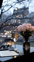 Romantic evening setting with champagne glass, pink roses in vase, and reading materials against blurred city lights background. Elegant lifestyle composition.