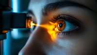 Close-up view of eye examination with bright orange diagnostic light beam in dark setting, highlighting brown iris and detailed eye structure during medical procedure.