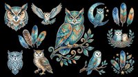 Owl head with large round eyes and feathered details, flying owl with wings spread, decorative owl perched on branch with ornamental patterns, feather designs in blue and gold tones, small owl chick, and botanical leaf elements. Isolated on transparent background, ready for t-shirts, clipart, stickers, and print-on-demand designs.