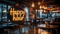 Glowing yellow neon happy hour sign in dark bar interior with blurred background of empty tables and ambient lighting creates moody restaurant atmosphere.