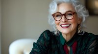 Elegant senior woman with silver hair and glasses wearing emerald green lace dress, displaying confident smile and stylish appearance against blurred background.