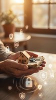 Hands holding miniature house model with keys and money surrounded by digital security lock icons representing home insurance and property protection.