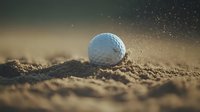 Golf ball landing in sand bunker with dramatic lighting and flying particles creating dynamic sports atmosphere at sunset. Macro shot captures motion.
