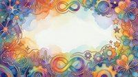Colorful abstract frame with infinity symbols, gears, and floral elements in rainbow hues on white background, suitable for design projects and creative layouts.