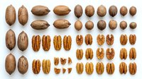 Pecan nuts collection showing whole shells and halves arranged in organized rows on white background for culinary and food design projects.