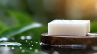 White soap bar on wooden surface with water drops and green blurred natural background, wellness and spa composition for relaxation and body care.