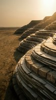 Ancient stone amphitheater ruins with curved seating rows at golden hour sunset creating dramatic shadows and warm lighting across desert landscape.