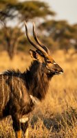 Male nyala antelope with spiral horns standing in golden savanna grassland during warm sunset light with acacia trees in blurred background.