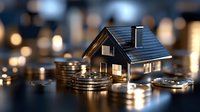 Small house model surrounded by stacks of coins on dark reflective surface with blurred bokeh lights background, representing real estate investment and property finance.