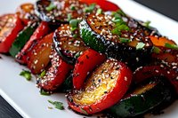 Roasted red and green bell peppers with sesame seeds and fresh herbs on white plate, gourmet vegetable side dish for restaurants and cooking content.