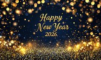 Golden glowing 2026 New Year greeting on dark blue background with sparkling bokeh lights and glitter effect creates festive holiday atmosphere.