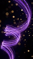 Glowing purple neon light waves flow dynamically across dark background with golden bokeh particles and circuit board patterns, suitable for technology, digital transformation, and futuristic design projects.