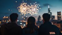 Young people watching fireworks display over city skyline at night, celebrating New Year 2026 with illuminated skyscrapers in background creating festive atmosphere.