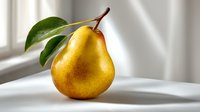 Fresh ripe yellow pear with green leaf on white background in soft natural light, perfect for food marketing, healthy eating concepts, and culinary designs.