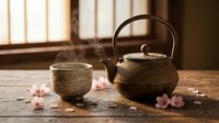 Traditional Japanese cast iron teapot with ceramic cup on wooden table decorated with cherry blossom petals in serene tea ceremony setting.