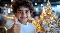 Young Middle Eastern boy with curly hair showing thumbs up, smiling against blurred Christmas decorations and golden bokeh lights background.