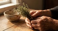 Elderly hands holding dried herbs over rustic wooden table with ceramic bowl, natural lighting creates warm atmosphere for cooking preparation.