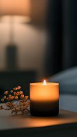 Glowing aromatic candle in dark glass holder with dried orange flowers creates cozy atmosphere on table, warm ambient lighting for relaxation and meditation.