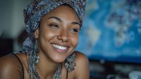 Young African woman wearing traditional blue patterned headwrap smiling warmly at camera with bright white teeth and natural makeup in indoor setting.