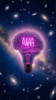 Glowing brain lightbulb with purple neon light against cosmic space background with galaxies and stars for innovation and creativity concepts.