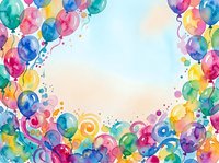 Watercolor balloons frame with colorful party decorations and confetti creating festive border for celebration invitations and greeting cards.