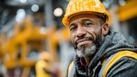 Smiling African American construction worker in yellow hard hat and safety vest at industrial site with heavy machinery in background.