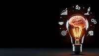 Creative lightbulb with glowing brain and business icons on dark background representing innovation, strategy and entrepreneurial thinking for corporate success.