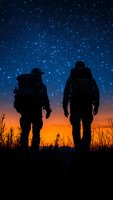 Silhouettes of two astronauts walking against dramatic sunset sky with starry night above, creating cosmic exploration atmosphere for space and science themes.
