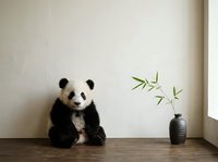 Cute giant panda cub sitting on wooden floor beside bamboo plant in vase against white wall, adorable wildlife in minimalist interior.