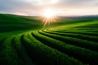 Rolling green agricultural fields with curved contour lines stretching toward bright sunset on horizon, vibrant spring landscape with dramatic sunburst effect.
