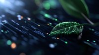 Glowing green digital leaf symbol on dark circuit board background represents sustainable technology and eco-friendly innovation in computing.