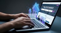 Hands typing on laptop with holographic house icon and real estate market website interface for property investment and digital home buying technology.