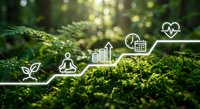 Green moss forest floor with white eco-friendly icons representing sustainable business growth, environmental wellness and nature conservation concepts.