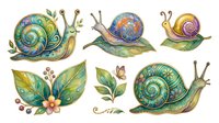 Colorful snails with spiral shells and botanical elements including leaves and flowers, isolated on white background, suitable for clipart, t-shirt designs, and decorative applications.