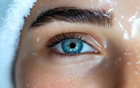 Close-up macro shot of bright blue eye with long eyelashes and well-groomed eyebrow against light skin with water drops, beauty and skincare concept.