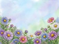 Watercolor wildflower meadow with purple, pink and white daisy asters on soft pastel sky background, copy space for greeting cards.