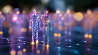 Two digital human figures with glowing network connections walking on illuminated grid surface with colorful bokeh lights in background for tech presentations.
