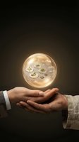 Hands holding glowing sphere containing microscopic organisms and scientific equipment against dark background for biotechnology and research concepts.