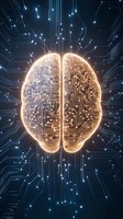 Glowing digital brain with circuit pattern and neural connections on dark background, representing artificial intelligence and machine learning technology.